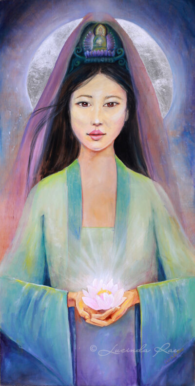 Kuan Yin's Compassion, Original Painting + Silver Leafing on Birch Wood by Lucinda Rae, 24″ x 48″